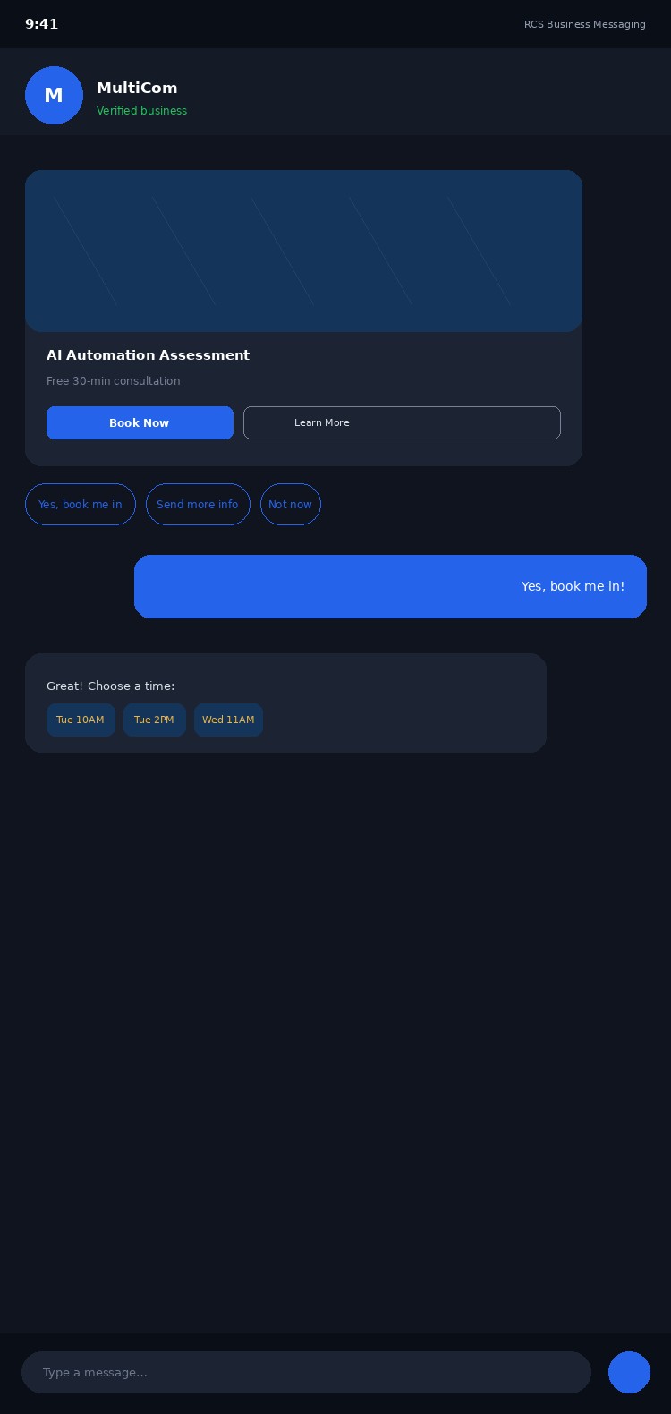 RCS rich business messaging conversation with suggested replies and a booking card